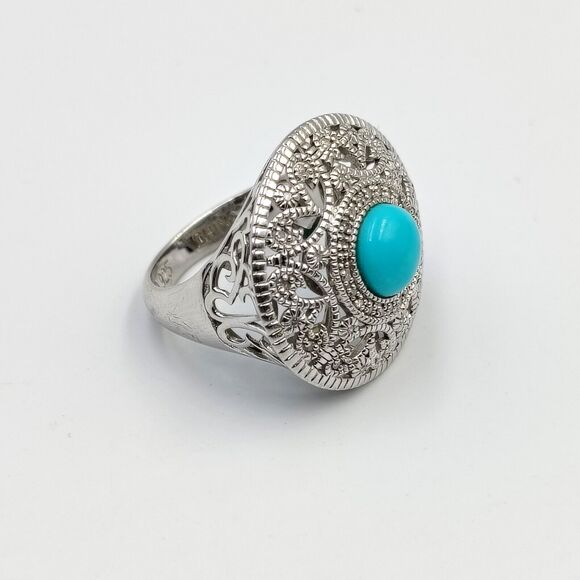 Elizabeth Adams Sterling Silver 925 Turquoise Diamond Accents Ornate Ring Sz 8 - Picture 2 of 15
